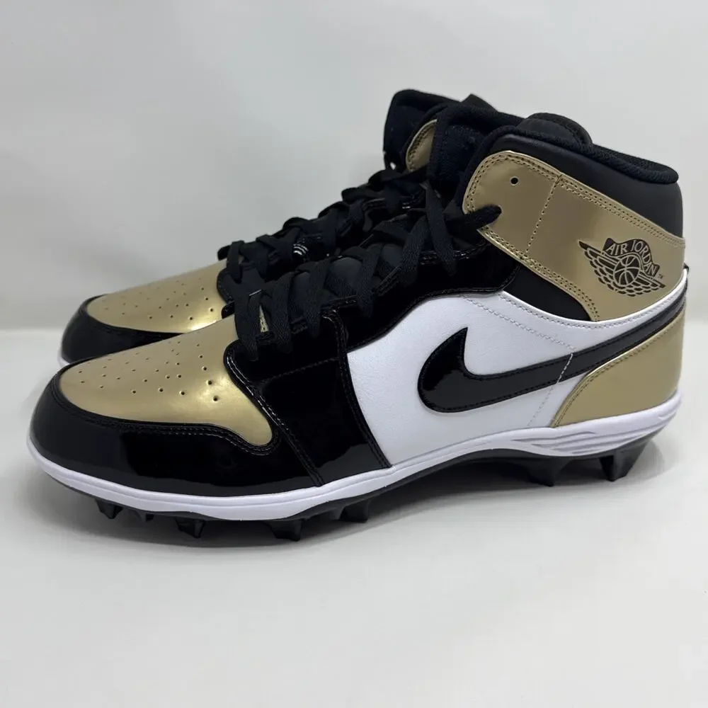 Nike Air Jordan 1 Mid TD Football Cleat Black Patent Gold Black Sz 16 FJ6805-701